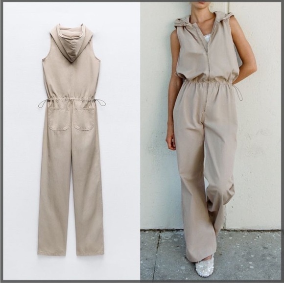 Zara • Women’s Tan Hooded Sleeveless Wide leg Jumpsuit M NWT - Picture 5 of 9